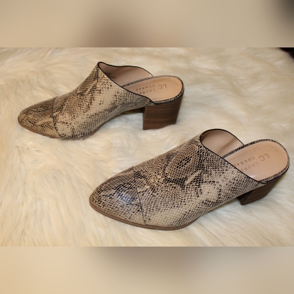 LC Tan Faux Leather Anima Snake Print Pointed Toe Chunky Block Heel Mules Shoes - Picture 7 of 12